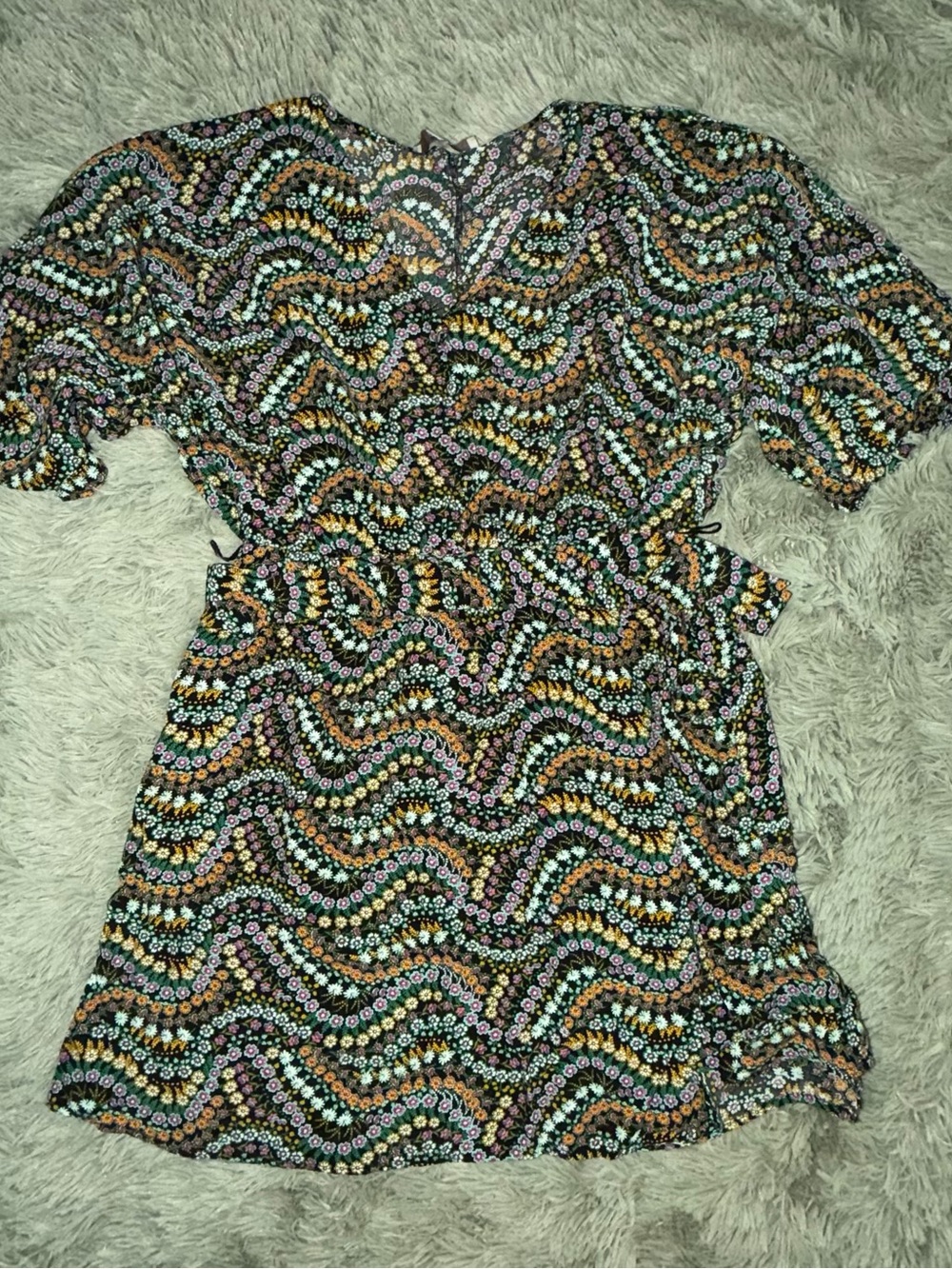 LOFT Boho Black Mini Dress with Multicolor Wave Floral Print